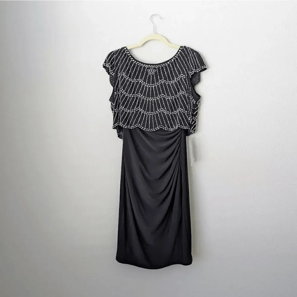 NWT Dress XSCAPE LBD Sheath Sleeveless Hand Beaded Black Silver 6 Holiday NYE